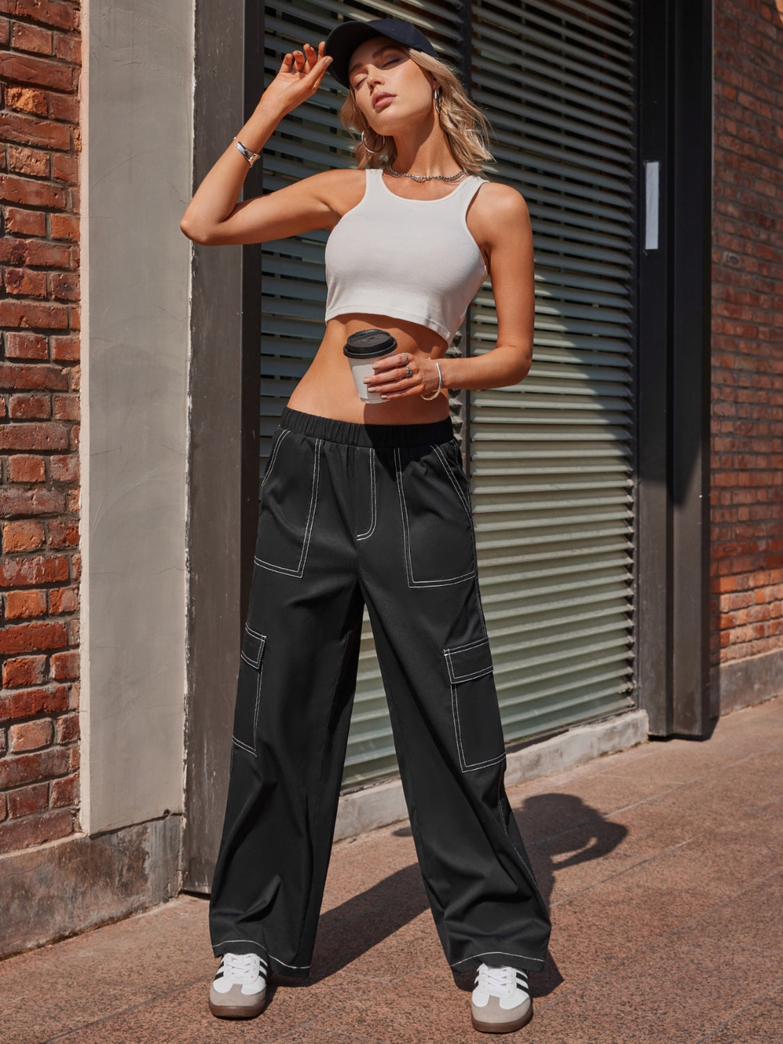 Contrast Stitching Pocketed Wide Leg Pants