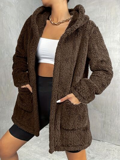 Fuzzy Pocketed Open Front Hooded Jacket