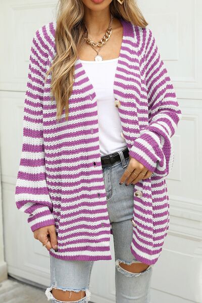 Striped Button Up Long Sleeve Cardigan