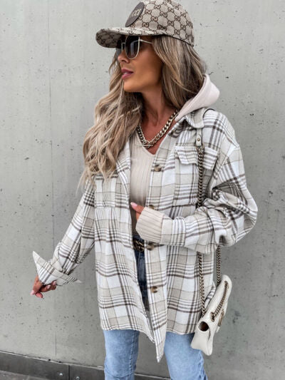 Plaid Dropped Shoulder Hooded Jacket