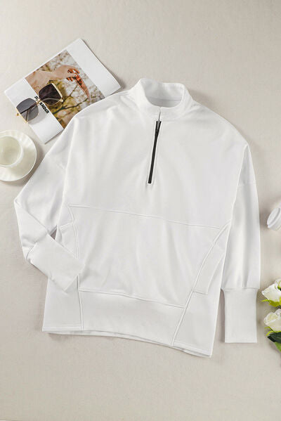 Half Zip Pocketed Dropped Shoulder Sweatshirt