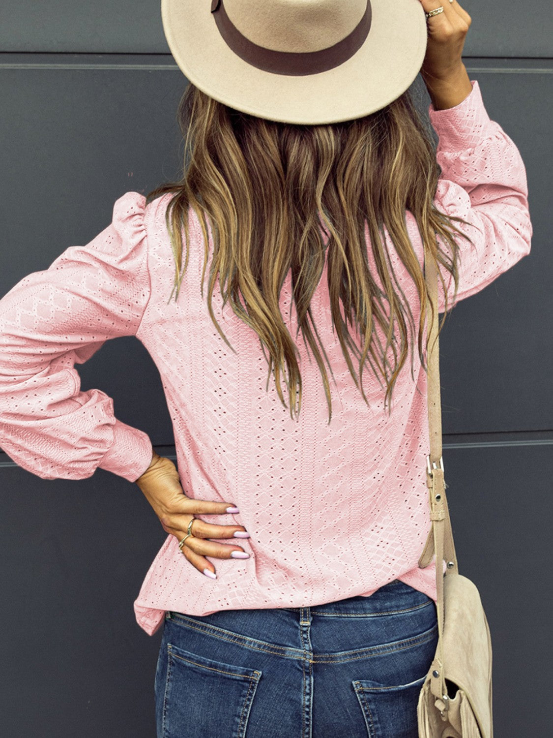 Eyelet V-Neck Long Sleeve Blouse