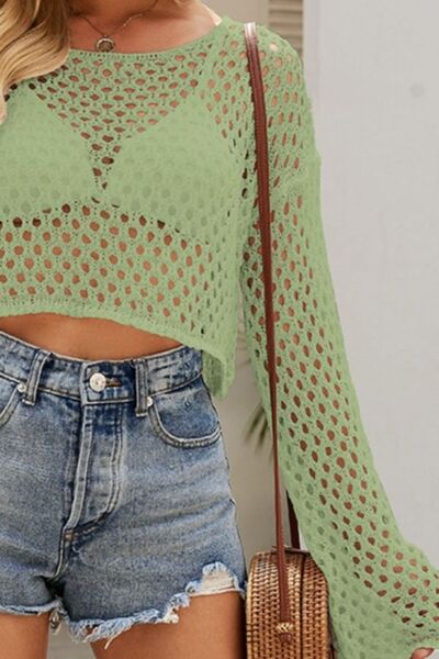 Openwork Round Neck Dropped Shoulder Knit Top