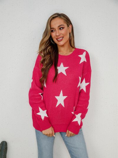 Star Round Neck Dropped Shoulder Sweater